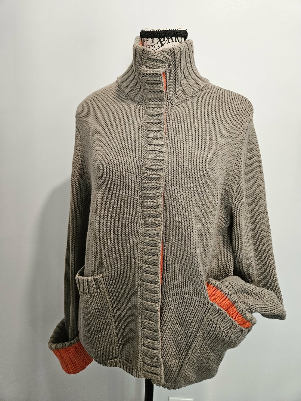 Moda International Taupe Knit Zip Cardigan with Orange Trim